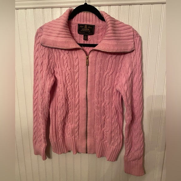 Lauren Ralph Lauren 100% Cotton Zip up Cable Knit Pink Sweater - Picture 1 of 7